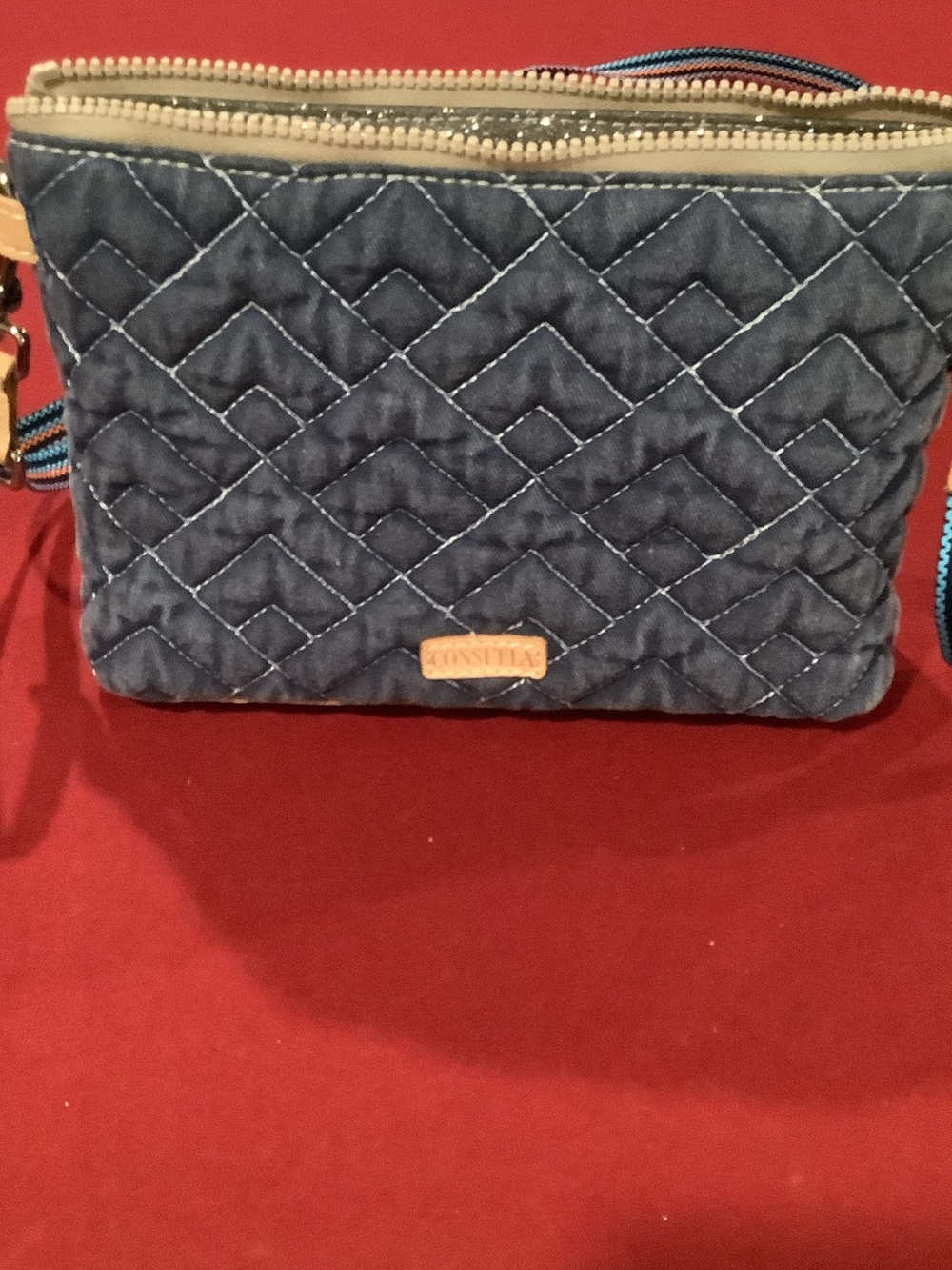 Consuela Quilted Denim Blue Crossbody with Striped Strap
